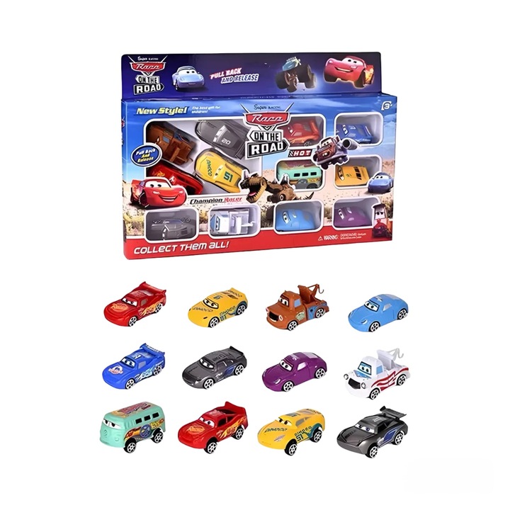 Set 12 Masinute, Virtual Trend, Super Racing, Fulger McQueen si Bucsa, Multicolor, Sistem Pull Back