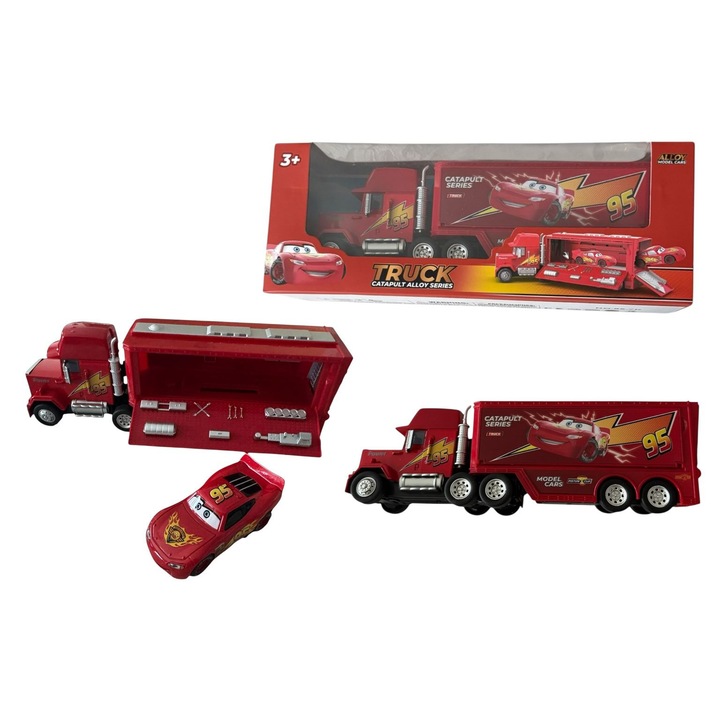 Camion transportor cu remorca si masina sport, mecanism de lansare, set, 23x7x5cm, multicolor