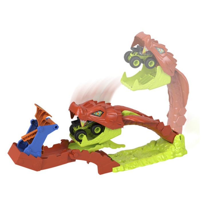 Set de pista Hot Wheels Monster Trucks Muscatura sarpelui, 2 vehicule, 4 ani, plastic
