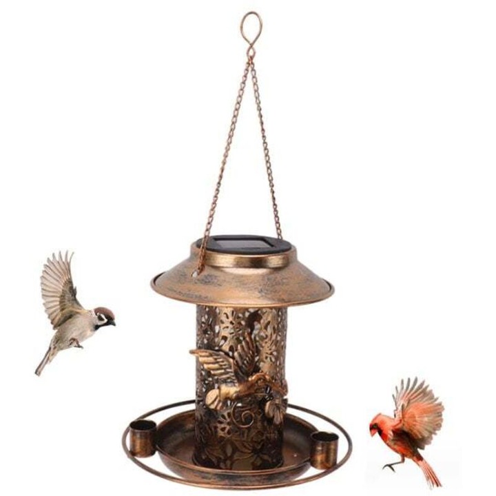 Feeder solar pentru pasari, metal, design integrat, impermeabil, 19.5x19.5x20cm