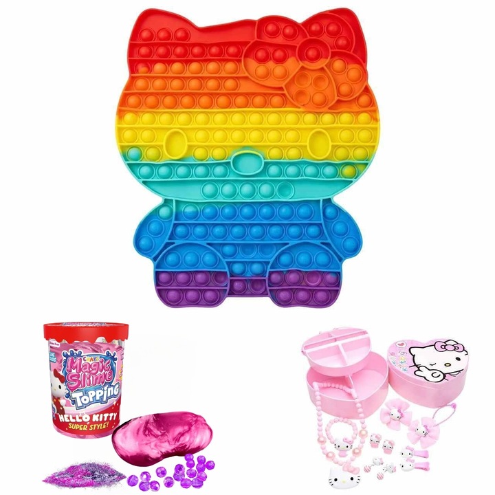 Set Magic Hello Kitty 3 în 1, Pop It, Slime și Bijuterii, multicolor, 30x30cm