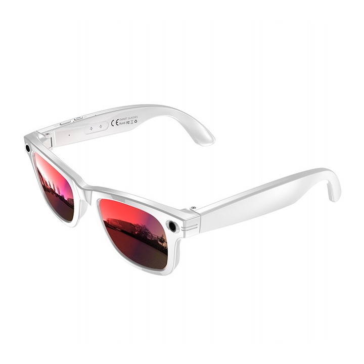 Ochelari inteligenți UWOT 4K, cadru alb, lentile roșii, Bluetooth, funcție WiFi