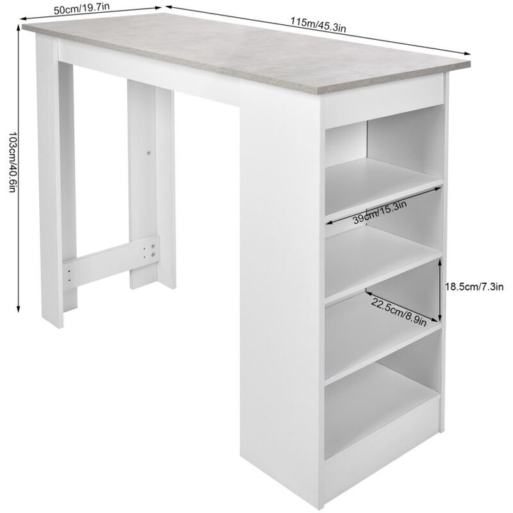 Masa bar, 4 rafturi, suprafata alba, 115x103x50cm