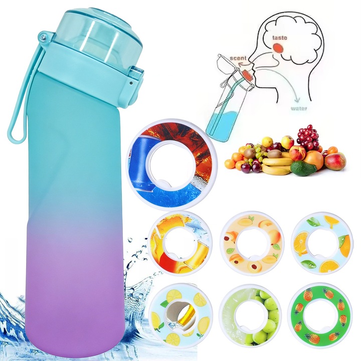 Sticla de apa portabila YOUKUKE®, 650 ml, cu 7 aroma capsule 0 Calorii si Aditivi 0 Zahar, bidon de apa, BPA Free, sticla de baut pentru hidratare sport, sticla apa transparenta rezistenta fitness sala
