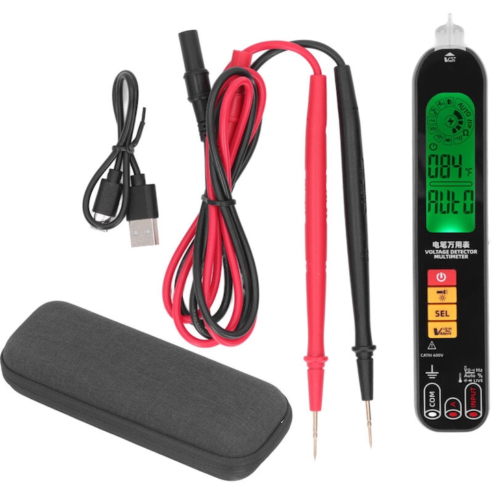 Multimetru tip stilou, tester de tensiune/corrent AC/DC, detectie NCV, identificare fir sub tensiune, detectie punct de intrerupere, multicolor, 3.7V