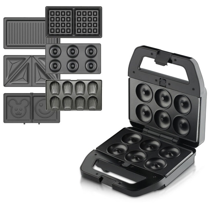 Aparat de preparat sandwich-uri 6 in 1, 800W, set de placi pentru gogosi, waffles, gratar, sandwich-uri, negru