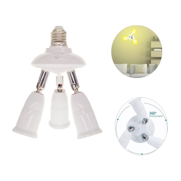 Adaptor 3-Head Splitter E27, ABS si metal, 90V-240V, pentru becuri incandescente, LED si economice