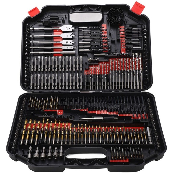 Set de 246 de burghie, tarozi si surubelnite, carcasa din plastic negru