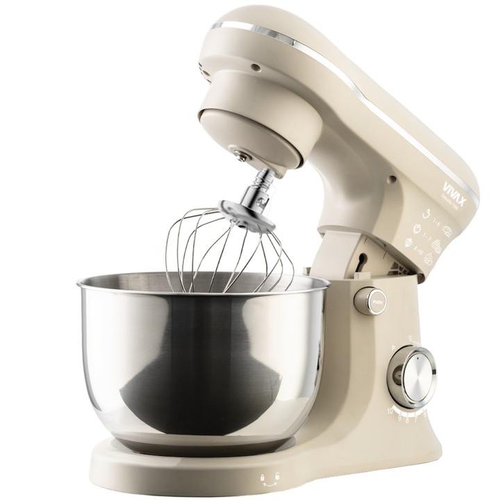 Robot de bucatarie mixer planetar VIVAX RM-41500S, 1500W, 10 viteze + Turbo Pulse, doua boluri inox 5L + 4L, tel pentru frisca, tel pentru creme, carlig pentru aluat, capac anti-stropire cu orificiu alimentare, constructie din inox si plastic, Lunar Bej