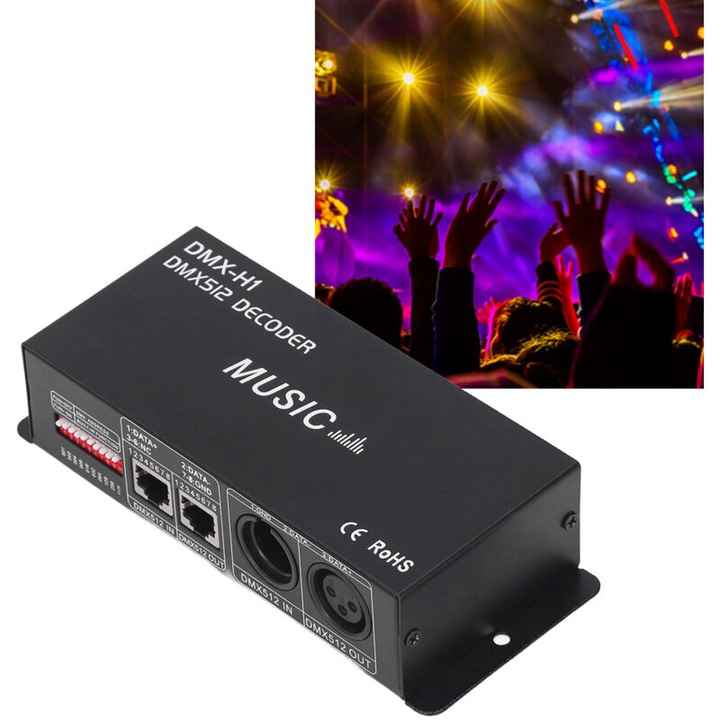 DMX декодер 4 канала, RGB, 12V-24V, 16.4x6.5x4cm, комплект със захранващи адаптери