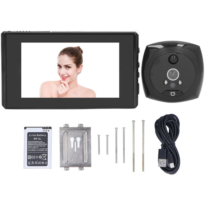 Camera video sonerie cu vizor de 4,3 inchi 1080P HD, cu detectare umana, vedere nocturna, suporta 12 limbi, negru