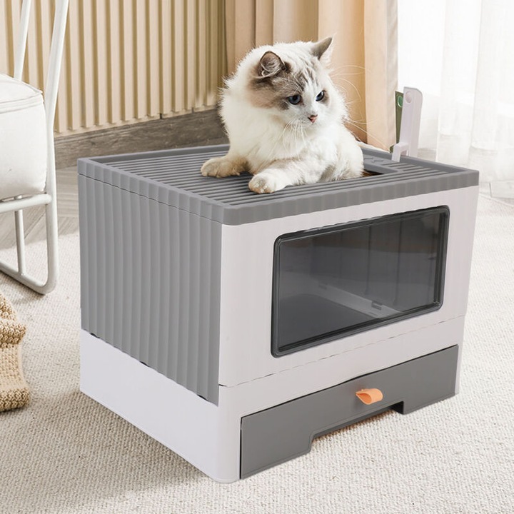 Litiere inchise, capacitate mare, design pliabil, 45x34x33.5cm, gri, set complet