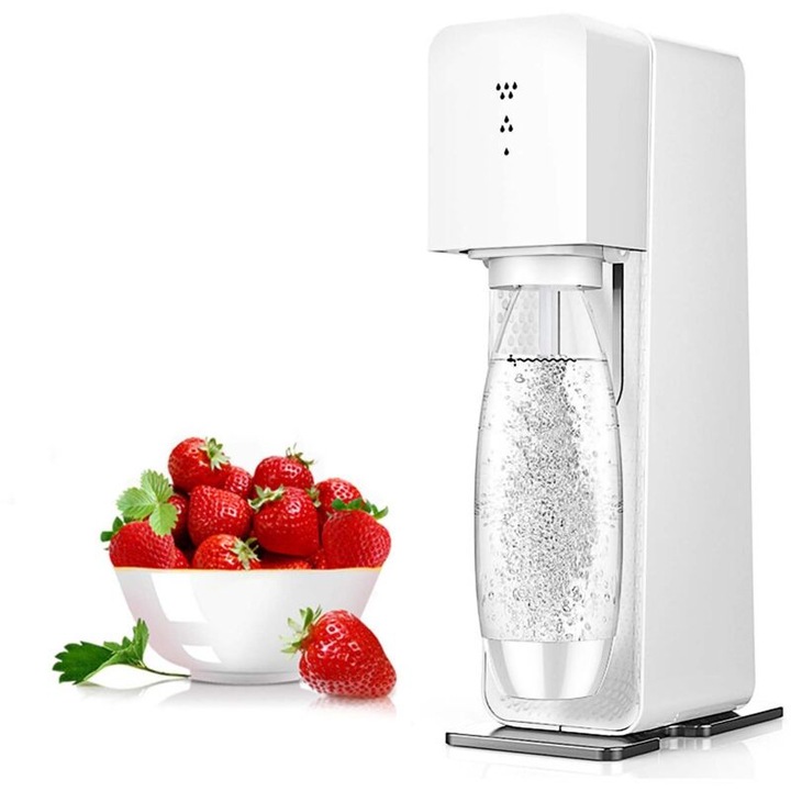 Dispenser de apa carbogazoasa, 12.5x42cm, capacitate moderata, alb, set cu 1 sticla de apa (1000ml)