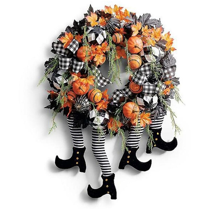 Coronita de usa cu picior de vrajitoare de Halloween, cu dovleac, frunze de artar si design unic, realizat manual