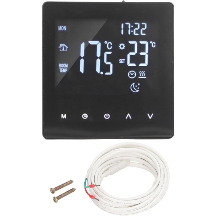 Termostat digital, AC90-240V Ecran LCD Termostat inteligent programabil pentru controler de cazan de incalzire in pardoseala cu ecran tactil, negru (K2MRH3A)