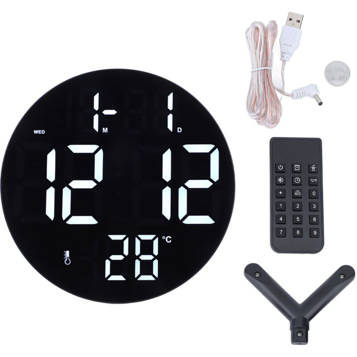 Ceas de perete digital rotund 12/24 ore, alimentat prin USB, silentios, modern, LED, pentru living, dormitor, sala de clasa, birou