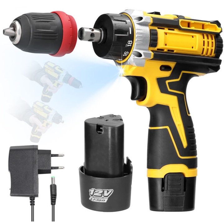 Unelte 2-in-1, SJLERST, 12V, 18 viteze de torsiune, motor cu perii, 200x57x172mm