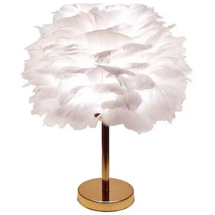 Veioza cu abajur din pene, baza aurie, design elegant, 30x45cm