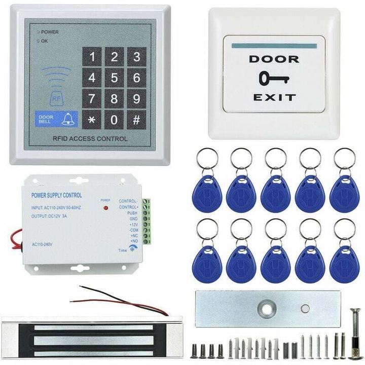 Kit sistem de control acces RFID, deschizator usa sticla, incuietoare magnetica electronica, card de identitate, sursa de alimentare