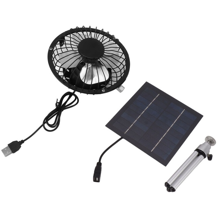 Ventilator solar portabil de 6W, 6 inch, cu alimentare duala USB, pentru casa, camping, pescuit in aer liber, cu suport extensibil
