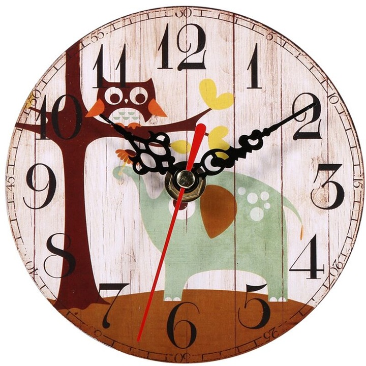 Kerek fa dekoratív óra, vintage stílusú, 12 cm, fekete mutatókkal és piros másodpercmutatóval