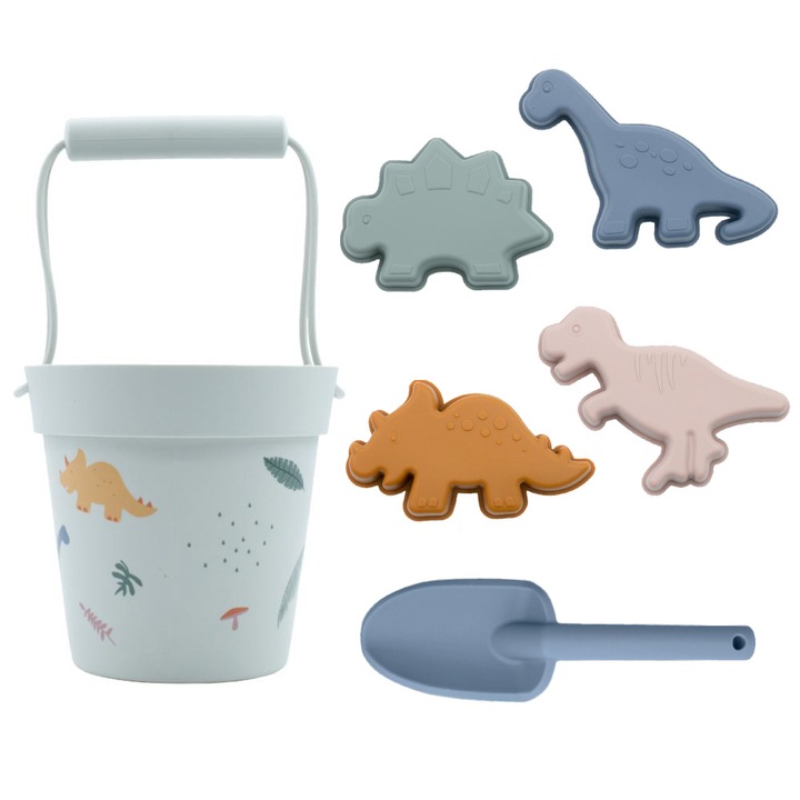 Set jucării de plajă Dodoli, galetuşă și lopată din silicon, 6 piese, dinozauri, multicolor
