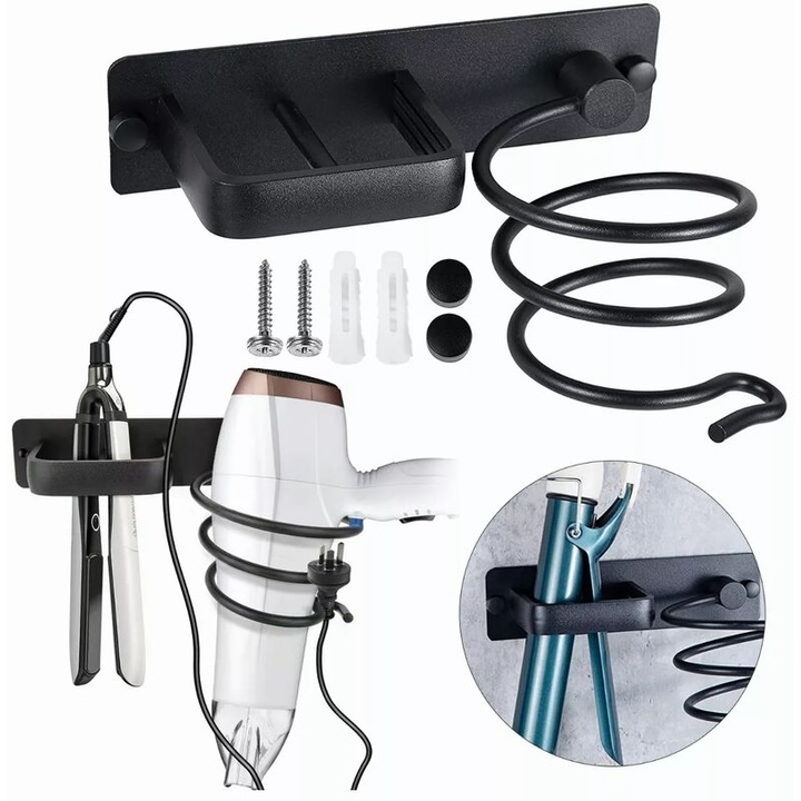 Suport din aluminiu pentru uscator de par cu organizator de cabluri montat pe perete pentru placi de indreptat parul si perii de par, potrivit pentru hotel, dormitor, baie si salon de coafura