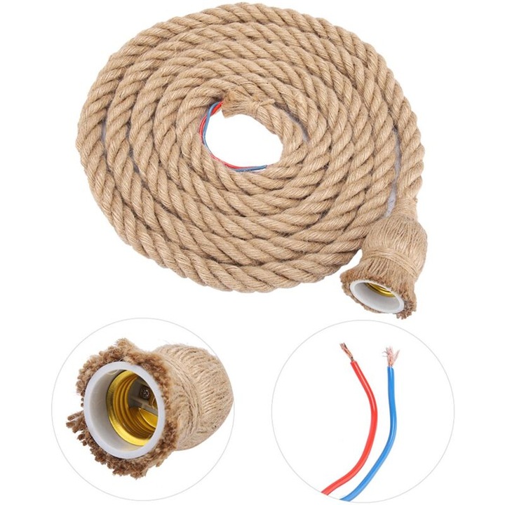 Lustruta vintage cu sfoara de canepa, suport triplu E26, stil industrial si rustic, 2m