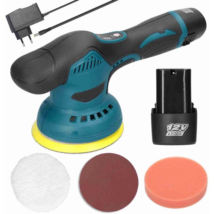 Masina de lustruit electrica, masina de lustruit fara fir de 125 mm, motor de mare putere de 380 W, 8 viteze, maner ergonomic, operare (configuratie standard de 5 piese si 2 baterii)