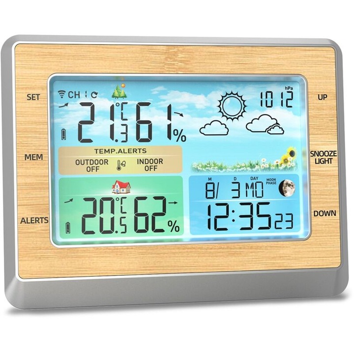 Statie meteo cu senzor wireless de exterior, termometru higrometru de interior/exterior, monitor de temperatura si umiditate cu presiune atmosferica, afisaj LED de 6 inch