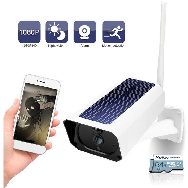 Соларна камера за наблюдение, 1080P, безжична, водоустойчива IP65, с 64GB SD карта