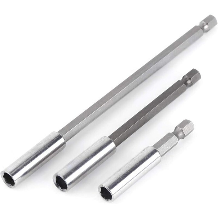 Set 3 suporturi magnetice pentru biti 1/4", otel carbon si crom-vanadiu, lungimi 6cm, 10cm, 15cm