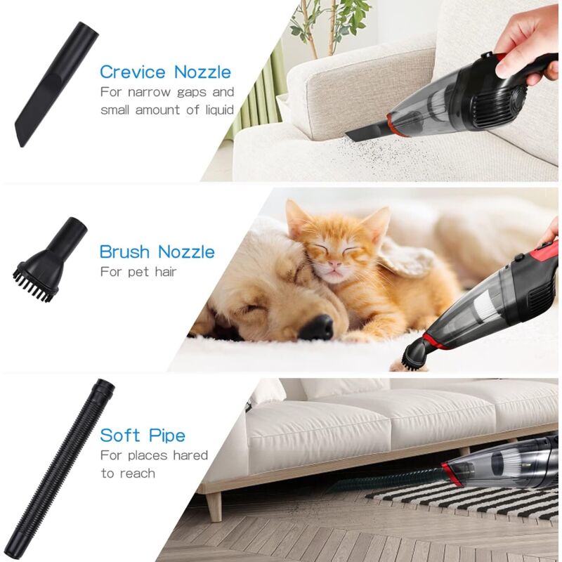 Aspirator portabil fara fir, 2500 mAh, accesorii multifunctionale, negru si rosu