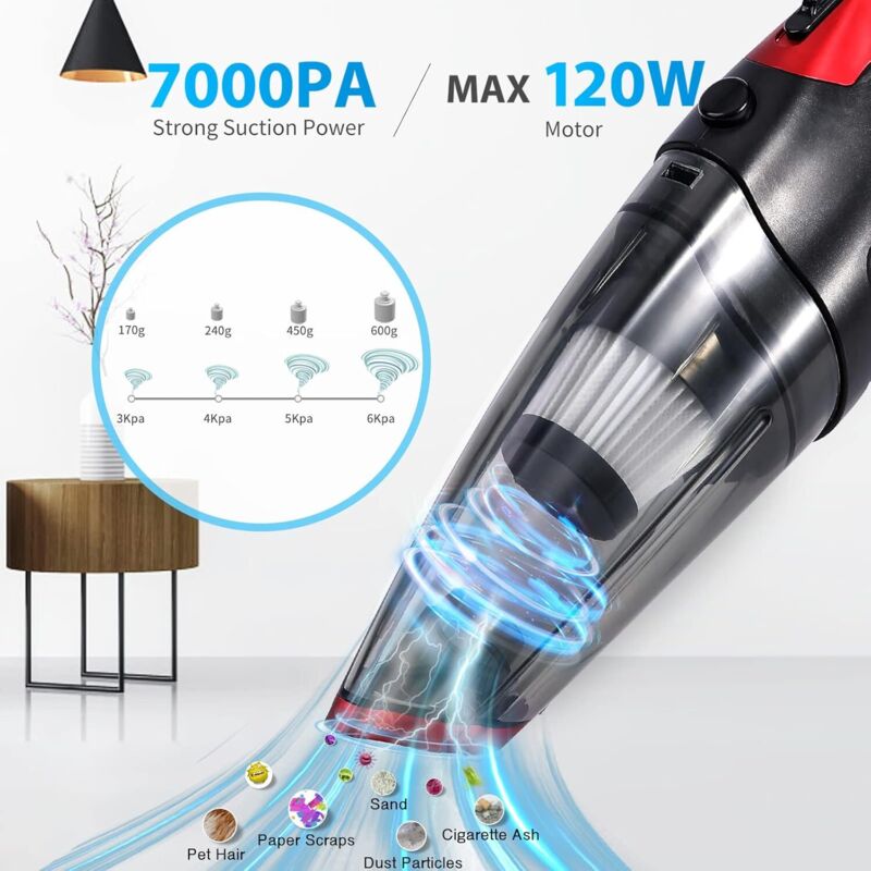 Aspirator portabil fara fir, 2500 mAh, accesorii multifunctionale, negru si rosu