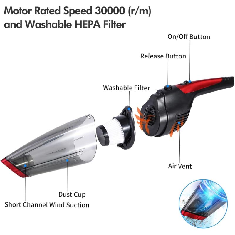 Aspirator portabil fara fir, 2500 mAh, accesorii multifunctionale, negru si rosu