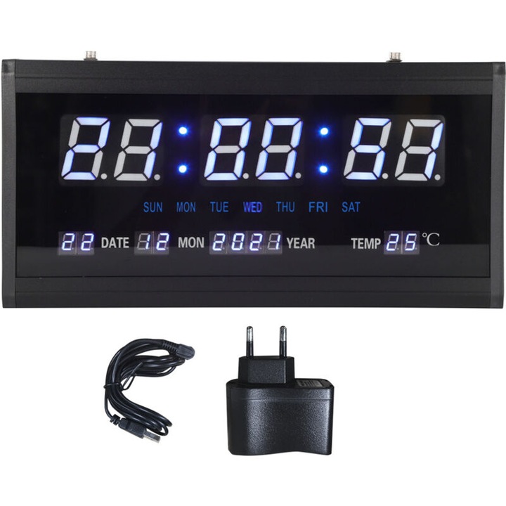 LED falióra, öröknaptár, fekete, 38x19x3.5cm