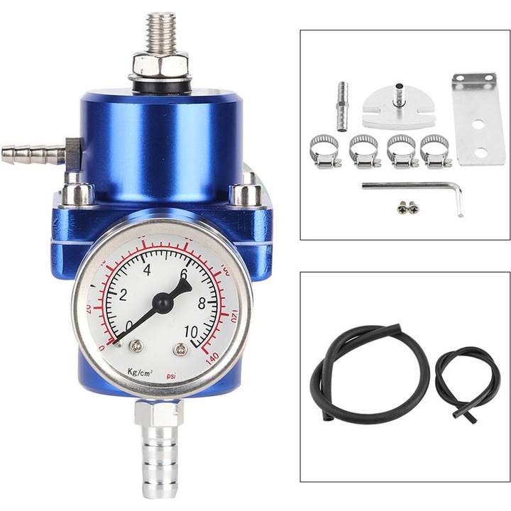 Regulator universal de presiune a combustibilului din aliaj de aluminiu FPR cu manometru reglabil 0-140psi si furtun