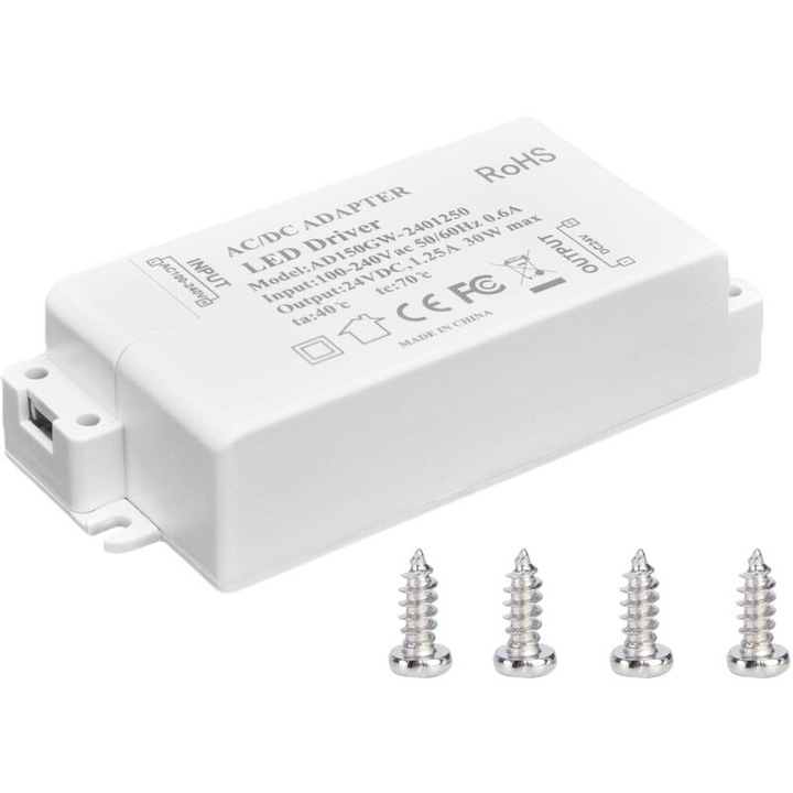 Transformator LED 30W, 24V, 1.25A, AC 100-240V, accesorii iluminat benzi LED, dimensiuni 95x43x23mm