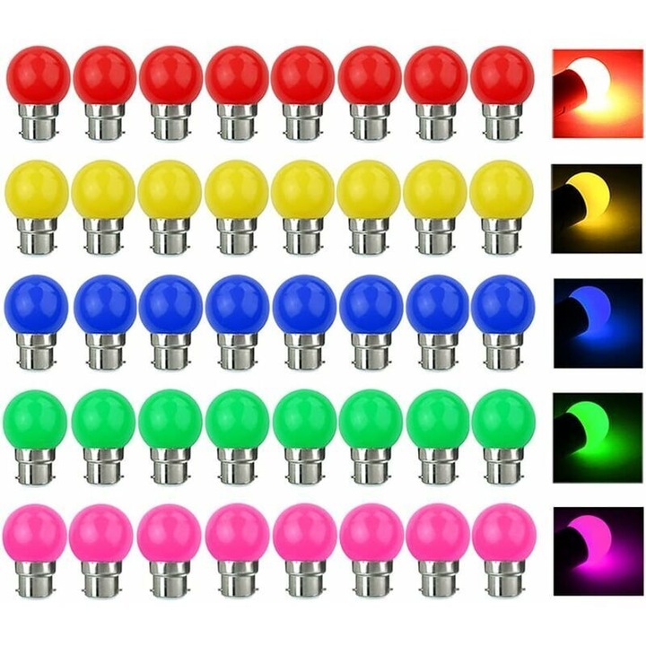 Set 40 Becuri LED B22 3W, 300Lm, multicolor, 5 culori, economisire energie