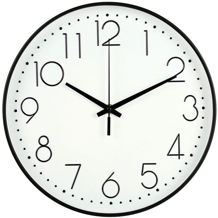 Dekoratív falióra, 20cm, fekete, átlátszó üveggel, zajtalan