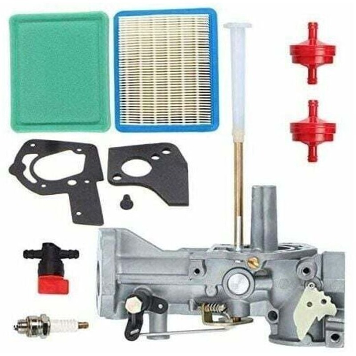 Csere karburátor Briggs & Stratton motorokhoz, készlet 1 karburátorral, 1 tömítéskészlettel, 2 üzemanyagszűrővel, 1 légszűrővel, 1 előszűrővel, 1 gyújtógyertyával, 1 üzemanyag-elzáró szeleppel, 5HP