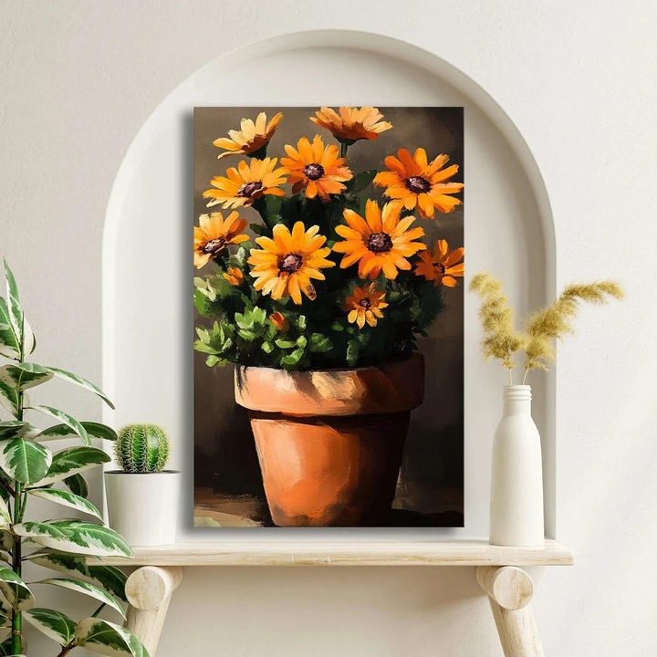 Tablou decorativ Re-Bloom, model floral, panza/lemn masiv, multicolor, 45 x 70 cm