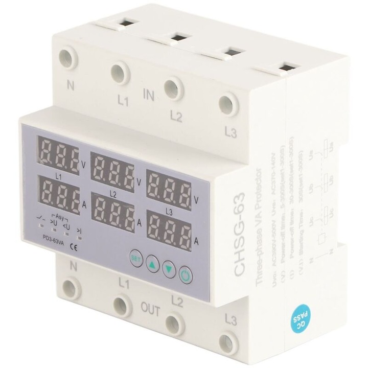 Ampermetru Voltmetru Trifazat pe sina DIN, AC 390 pana la 500V, Dispozitiv de Protectie la Curent cu Raspuns Rapid, Protector Automat la Supratensiune si Supracurent, 63A