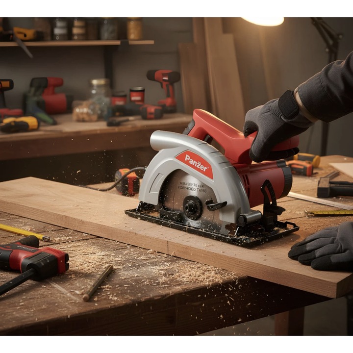 Циркулярен трион Panzer, 1200 W, 4800 об/мин, диаметър 16 см, рязане на дърво, рязане под 0 или 45 градуса, 24 зъба, 3.2 кг, със предпазител, 101.19 db, 230V