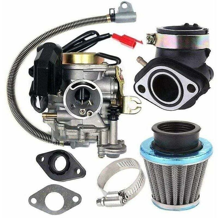 Carburator 18mm pentru motoare GY6 49cc, 50cc, 80cc, set cu filtru de aer, filtru de combustibil, bujie, garnituri, argintiu/negru, 20x10x10cm