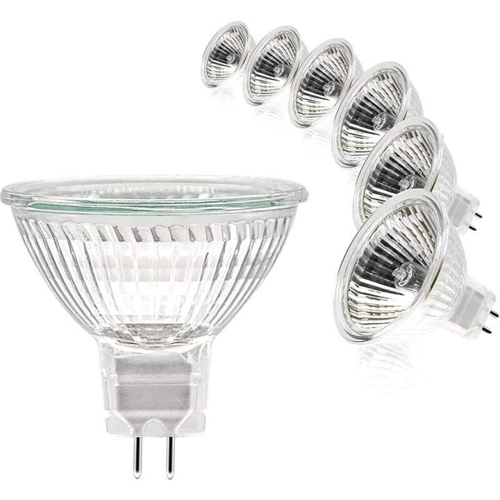 Becuri halogen MR16, 12V 20W, dimabile, 2 pini GU5.3, alb cald, set de 6 bucati, 50mm x 45mm