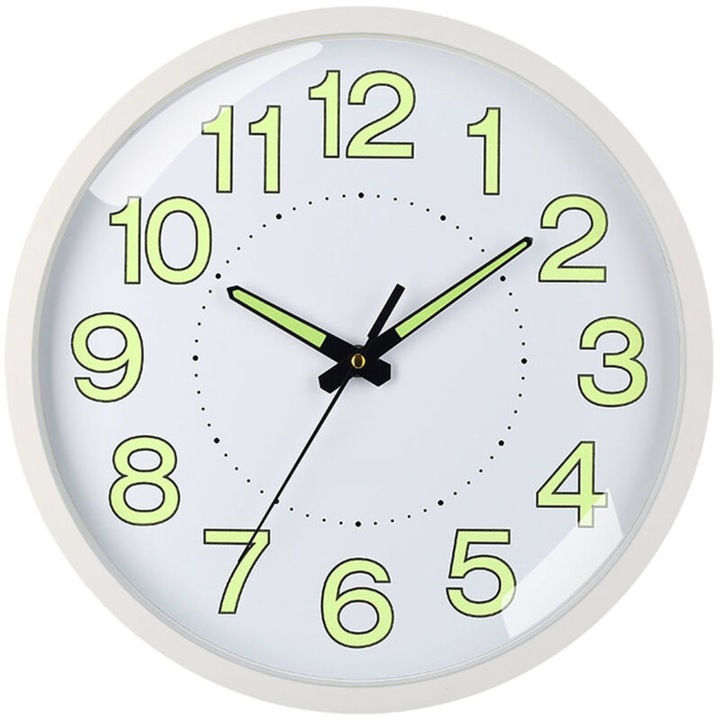 Ceas decorativ, 12 inch, lumina de noapte, silentios, rama alba