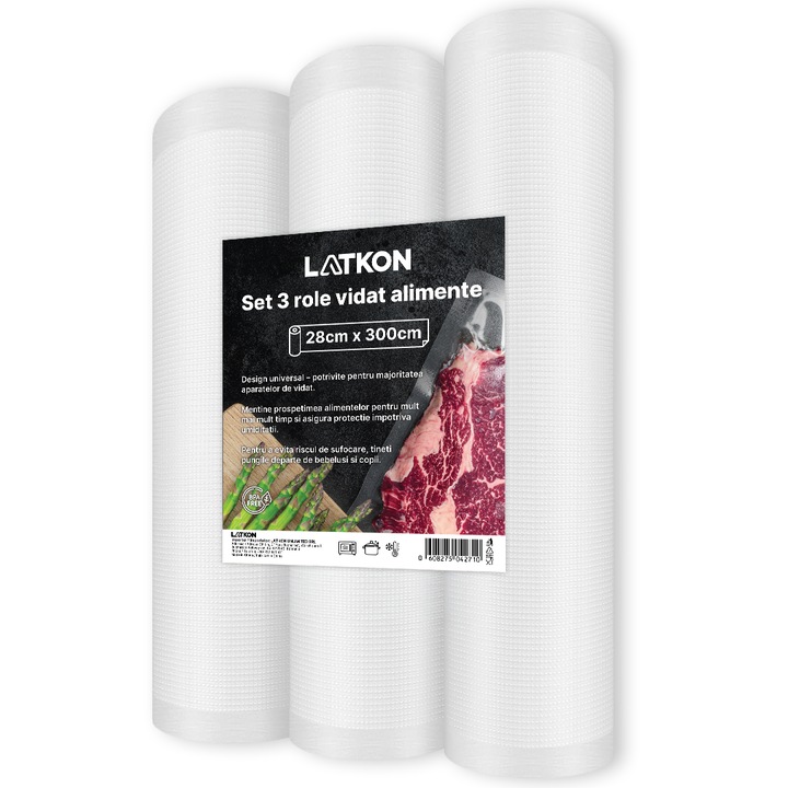 Set 3 Role Pungi de Vidat, Latkon®, 28x300 cm, Role Pungi de Vidat Gofrate, Reutilizabile, Lavabile, Fara BPA, Folie Profesionala, Plastic Multistrat, Compatibile Aparate de Vidat 30 cm, Pentru Depozitare Alimente, Congelare si Sous Vide, Transparent