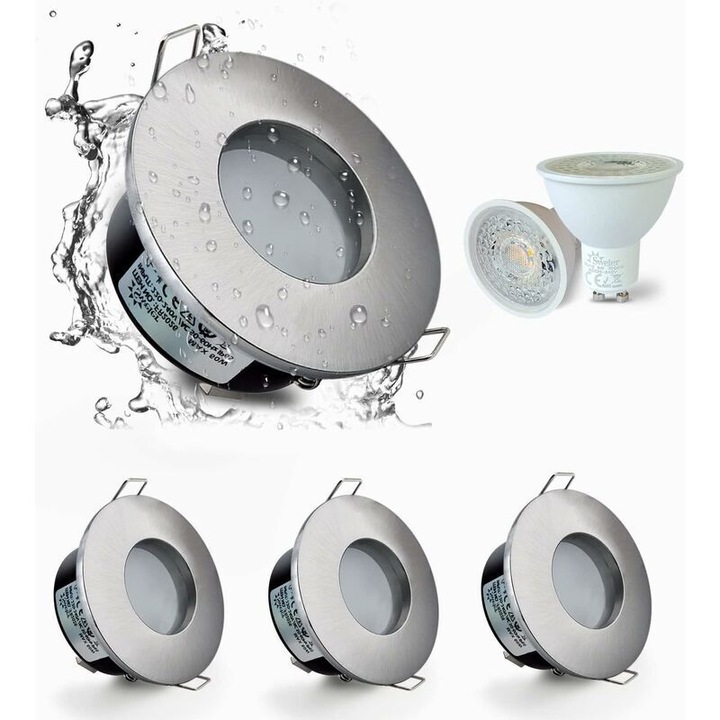 Set de 4 spoturi LED incastrate IP65, 5W, 3000K, pentru iluminat baie si bucatarie, 68mm, finisaj nichel satinat