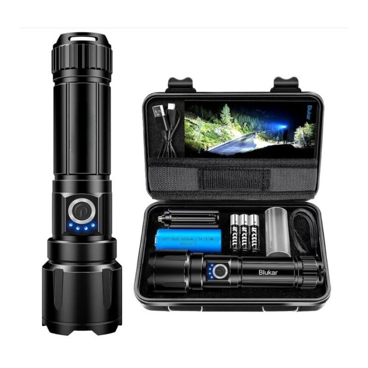 Lanterna LED, 20000 lumeni, acumulator 5000mAh, impermeabil IP67, 5 moduri de iluminare, set complet cu 3 baterii AAA